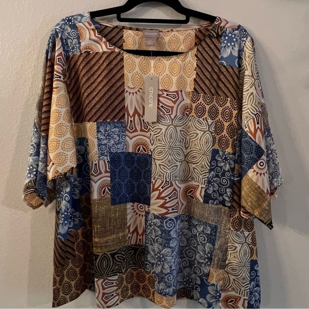 NWT Chico’s Blouse Drape Sleeve Blouse Patchwork Pullover Size 2 (Lg 12)